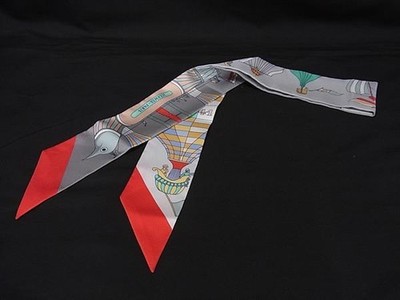 HERMES LES FOLIES DU CIEL Twilly Silk 100% Ribbon Scarf Gray Style FY0995