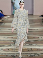 Women Long Puff Sleeve Pleated Ruffles Floral Print Mid Long Fishtail Dress Slim