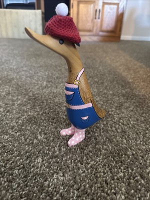 DCUK Gardener Duckling Spotty Pink Wellies Natural Bamboo Wood Carved Duck 9 in