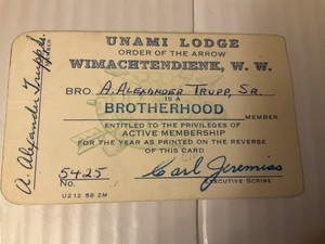 Unami Lodge 1960 Brotherhood OA Membership Dues Card