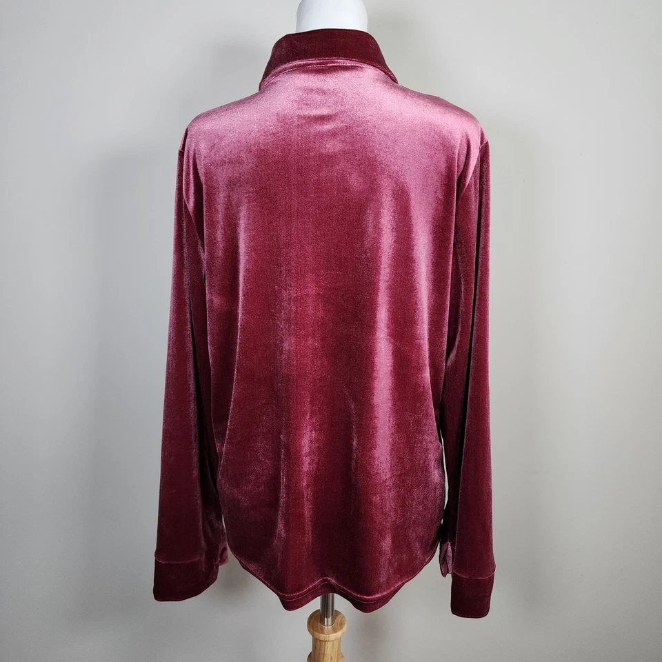 Raspberry Velvet Shirt Womens Large Blouse Retro Stretch Party Blouse Holidays - Image 4 of 4