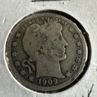 1909 Barber Quarter Dollar 90% Silver US 25c Coin - Circulated