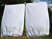 Vintage Pair of floral Hand-Embroidered Pillowcases crocheted edge