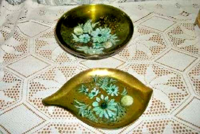 Sascha Brastoff Copper Enamel Art Dishes Green HP Aqua Flowers MCM California