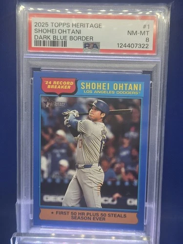 124407322 Shohei Ohtani 2025 Topps Heritage #1 Dark Blue Bordered PSA 8