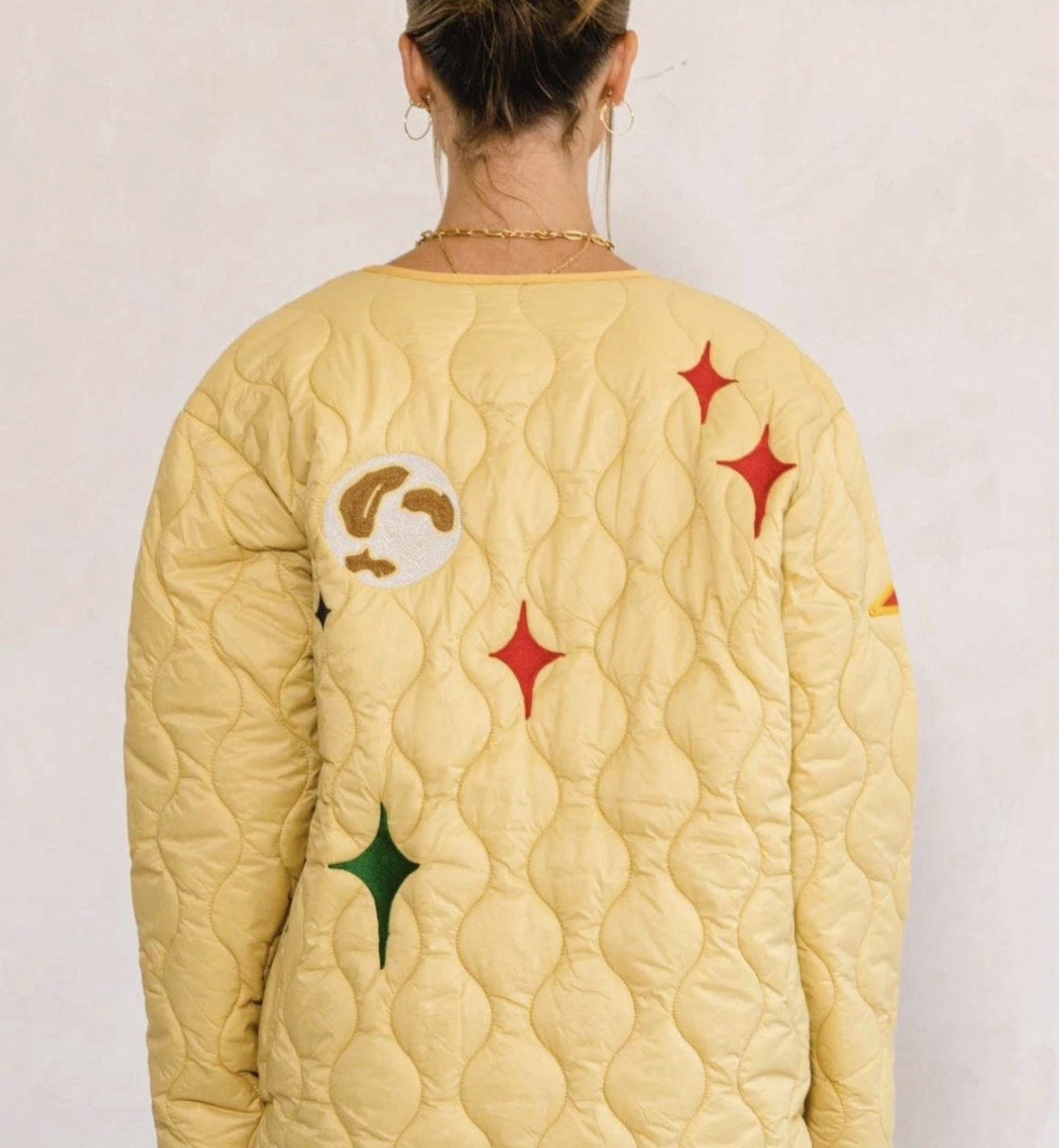NWT Unisex SMALL First Row Quilted Jacket Yellow Melting Earth Graphic Bomber - product detail image 3