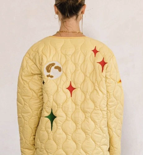 NWT Unisex SMALL First Row Quilted Jacket Yellow Melting Earth Graphic Bomber image 3
