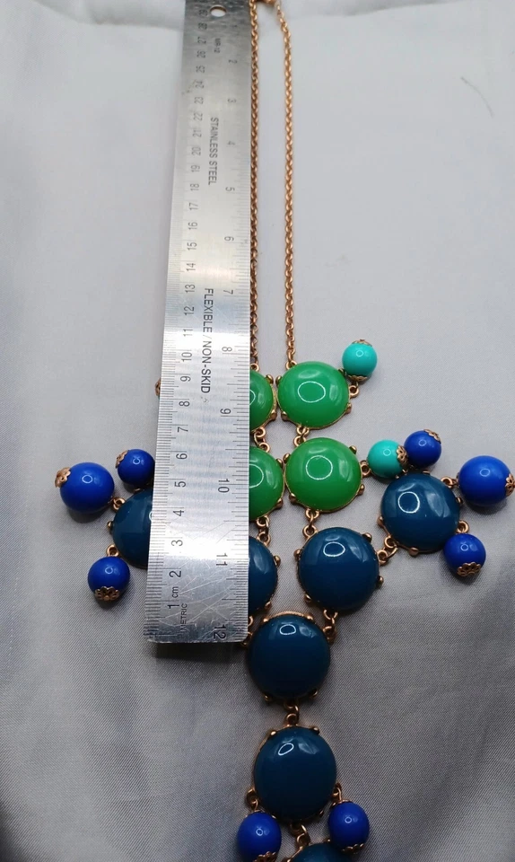 J. Crew Bib Necklace Gold Tone Green & Blue Cabochons, Turquoise Dangling Beads - Image 3 of 4