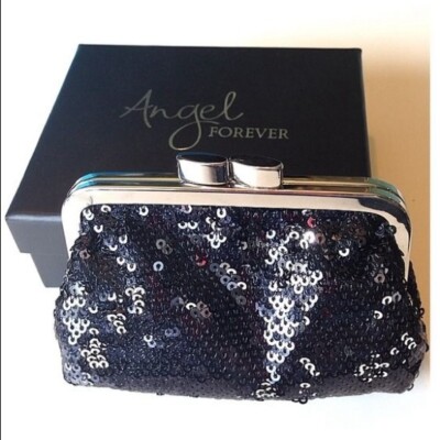 New Victorias Secret Angel Forever BlackSequin Coin Purse Wallet Clutch Bag+Box