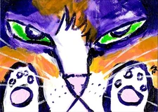 ACEO Print Of Cat Painting Calico Kitten Paws Miniature Folk Art Samantha McLean