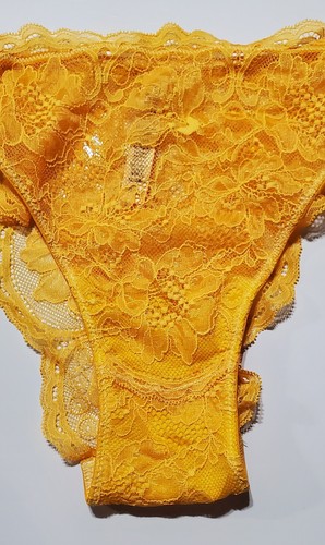 Victorias Secret Brazilian Panty Shiny Double Strap Lace 8/XL Tulip YELLOW - Picture 7 of 9