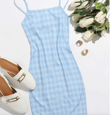 Shein Plaid Cami Bodycon Mini Dress-Small-Baby Blue-Stretch-Retro-Coquette