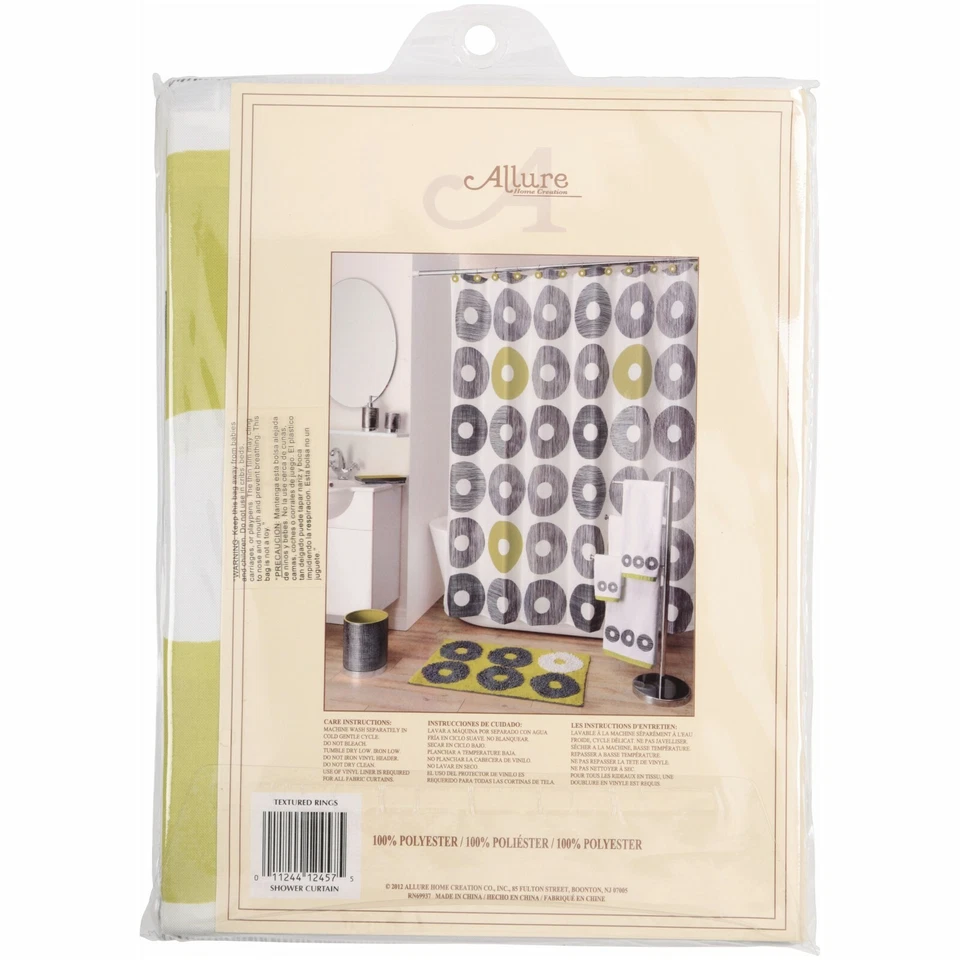 Allure Textured Rings Fabric Shower Curtain 70W x 71L New Grey White Green  - Image 2 of 2