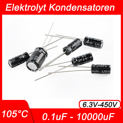 Elektrolyt Kondensatoren Radial Aluminium 0,1uF - 10000uF / 6.3V bis 450V 105°C