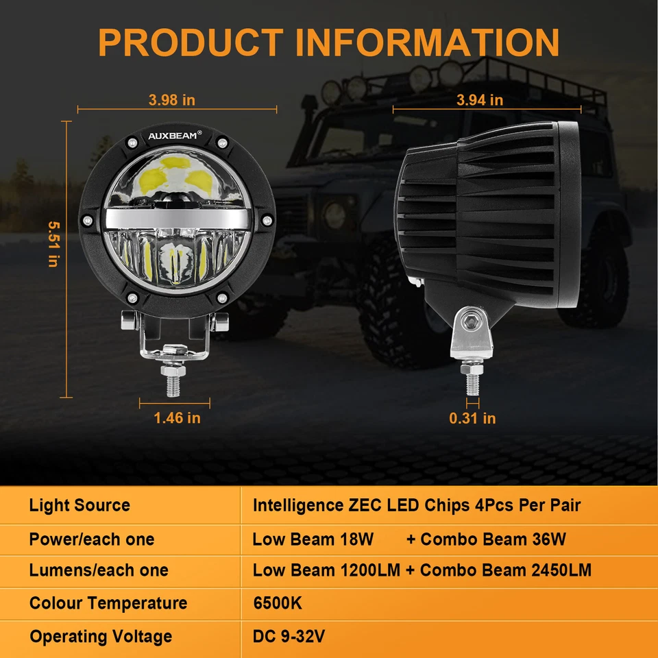 Luces de trabajo LED de 4 pulgadas AUXBEAM, faros de haz alto y bajo, vainas para motocicleta Harley Foto 3 de 4