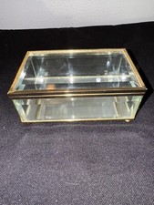 VTG Trinket Display Box Footed Brass Beveled Glass-Hinged Lid Mirror Bottom.