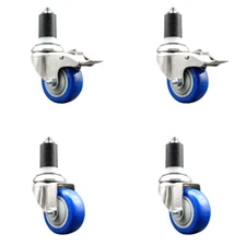 3 Inch 316SS Blue Poly Swivel 1-1/2 Inch Expanding Stem Caster Set 2 Lock Brake