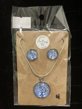 Tree of Life- Silver-tone Baby Blue And White Pendant and Pierced Earrings