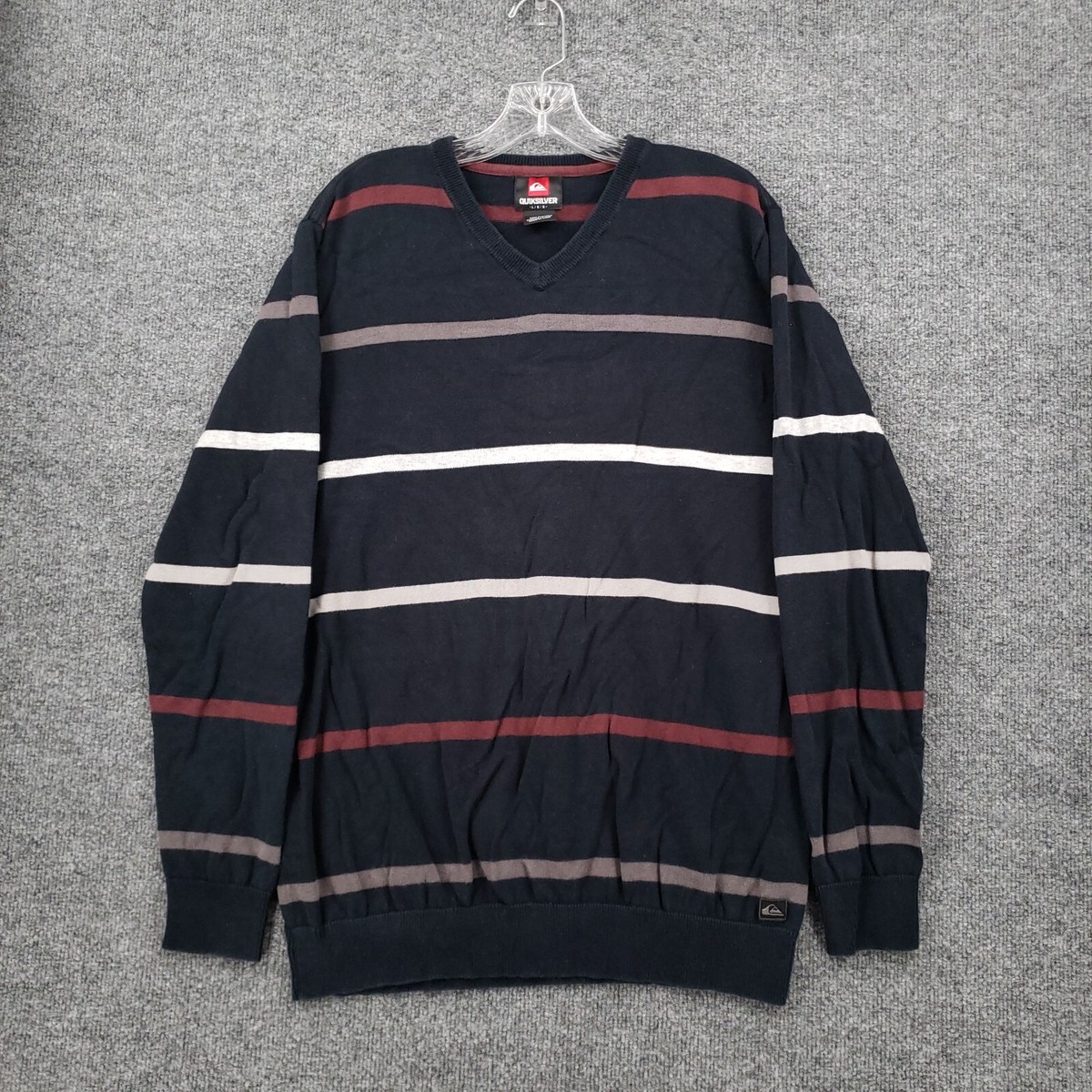 Quiksilver Sweater Mens L Large Black Striped V Neck Knit Long