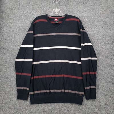 Quiksilver Sweater Mens L Large Black Striped V Neck Knit Long