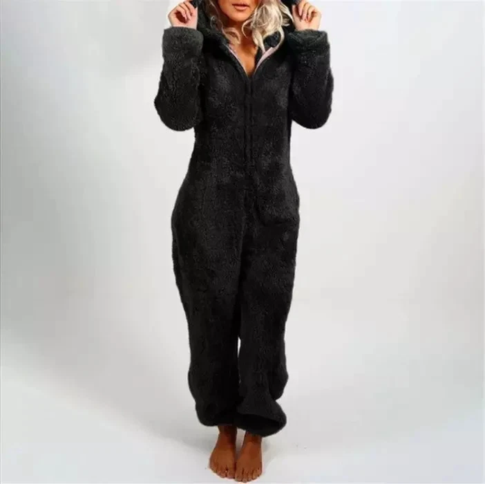 Damen All In One Fleece Jumpsuit Kapuze Warm Luxus Fluffy Pelz Winter Frauen - Bild 4 von 4
