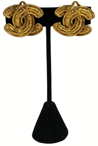 Authentic CHANEL LOGO INTERLOCKING CC GOLD PLATED CUSHION CLIP ON EARRINGS