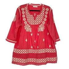 Nare Moda Embroidered Tunic Top Women Large Coral Crochet Detail Boho 3/4 Sleeve