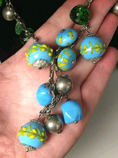 Vintage Blue Yellow Green Art Glass Bead Necklace Long Chain Bohemian Hand Made