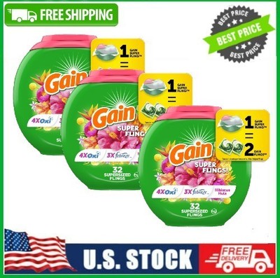 3 Pack Gain Happy Flings Laundry Detergent Packs, Hibiscus Hula Scent, 32 Ct Pk