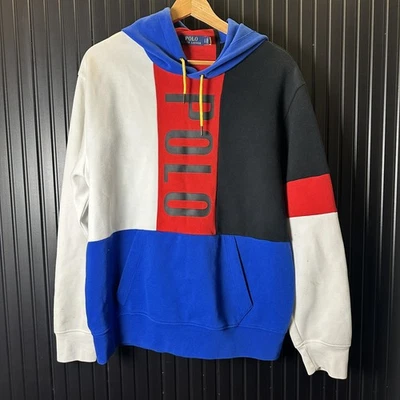 Polo Ralph Lauren Hoodie Mens XL Colorblock Pique Logo Sweatshirt Blue Red White - Image 1 of 4