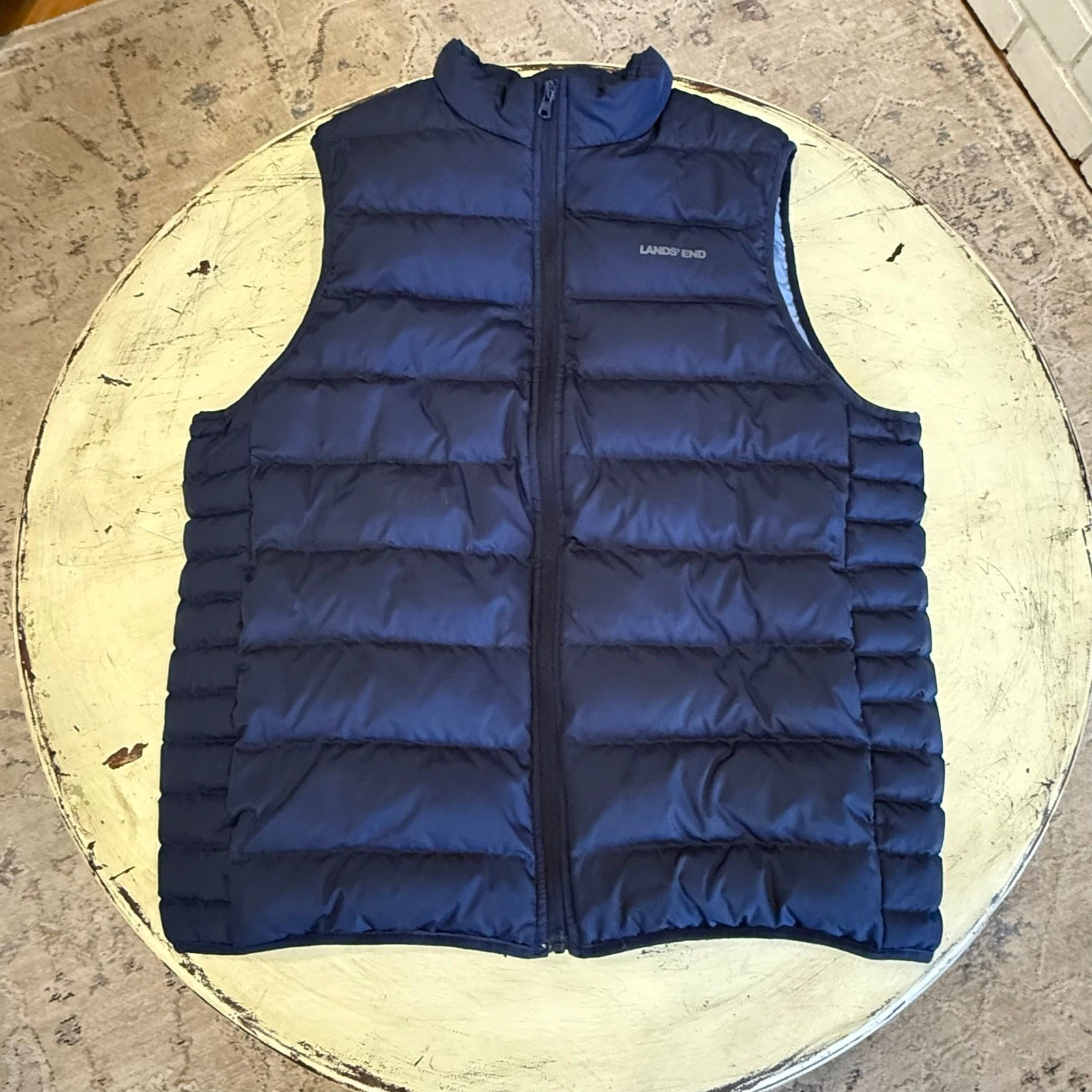 Lands End Puffer Vest Mens L Navy Blue Down Filled Quilted Full Zip RN62830