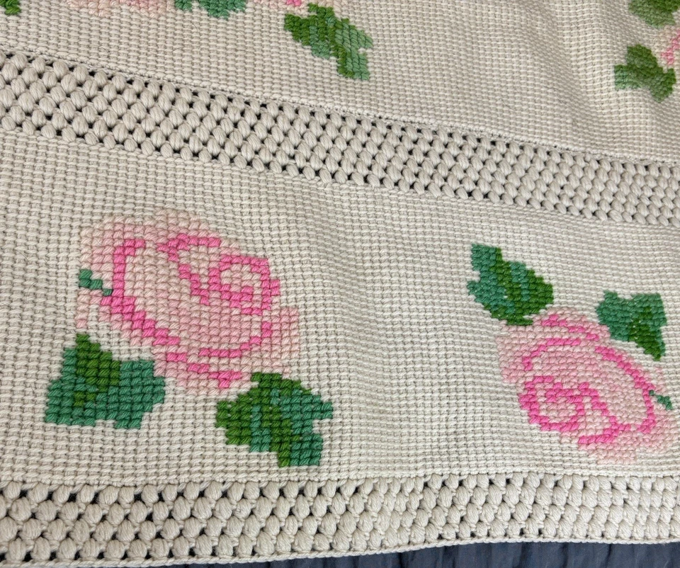 Manta afgana de lana rosa punta de aguja de ganchillo de colección 67x37 rosa marfil casa de campo Foto 4 de 4