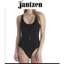 Jantzen Classics Size 16 Black Textured One Piece Swimsuit w/ Gold Belt NWOT New