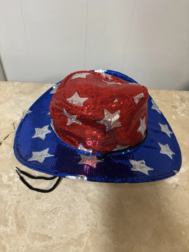 Sombrero Vaquero Vaquera Lentejuelas Rojo Blanco Azul Estrellas Patriótico 4 de Julio Usado en Excelente Condición Foto 2 de 4