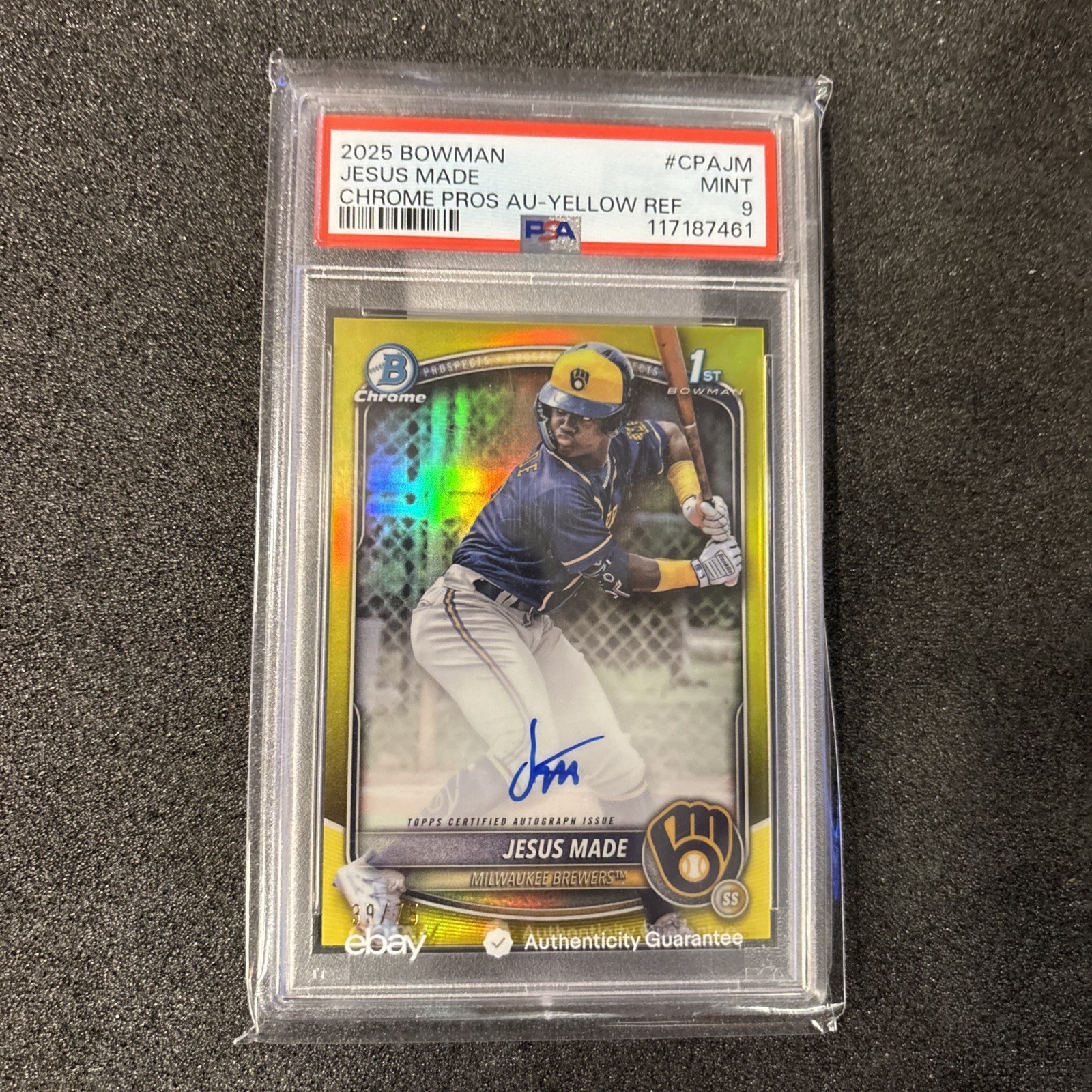 JESUS MADE 2025 BOWMAN CHROME 1ST YELLOW REFRACTOR AUTO /75 PSA 9 Color Match