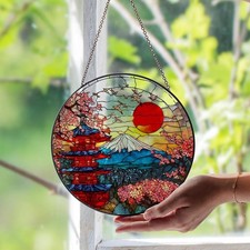 Mount Fuji Cherry Blossom Stained Glass Suncatcher, Japanese Pagoda Window Decor