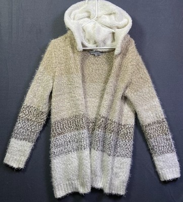 Absolutely Famous Womens Super Soft Striped Gray Tan White Hooded Cardigan Large