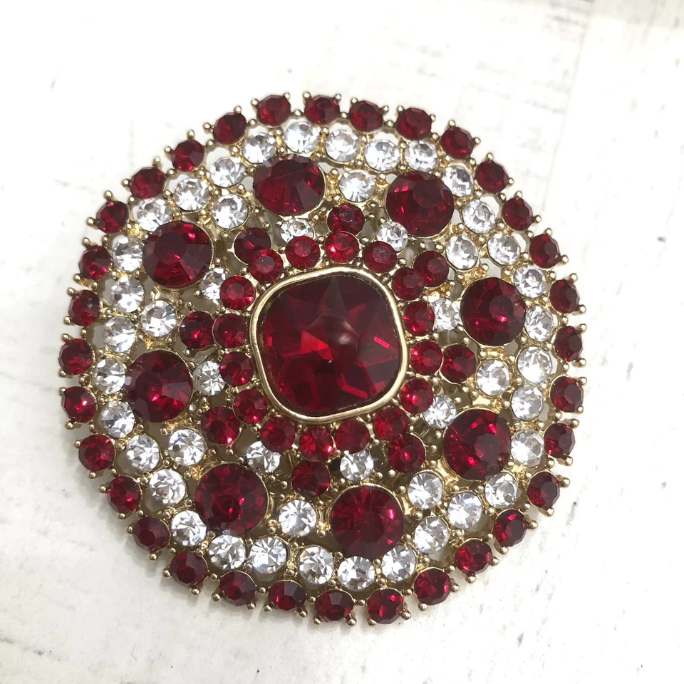 Vintage MONET Pin Red Rhinestone Round Brooch Large 2.25 Inch In Box