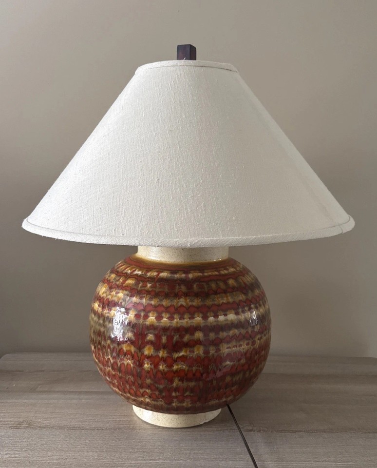 Vintage Mid Century Modern Large Table Lamp Brown Orange Yellow Glazed