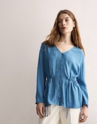 Jaeger V-Neck Blue Pin Tuck Long Sleeved TOP 100% Viscose RRP £79 UK 10! BNWT