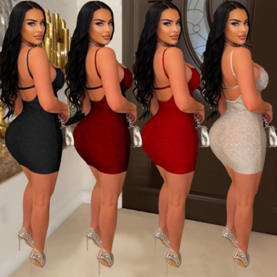 Women's Sexy Backless Lace Mesh Low Cut Spaghetti Strap Dress Bodycon Club  Dress