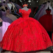 Red Quinceanera Dresses Ball Gown Sequined Flower V-neck Birthday Sweet 15 16