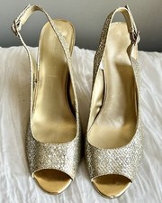 Nine West Womens Gold Silver Metallic Glitter Slingback Heels Size 8