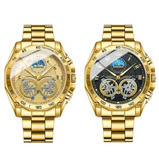 Men Gold Tone Stainless Steel Quartz Wrist Watch Lumious Decoration Date Watches