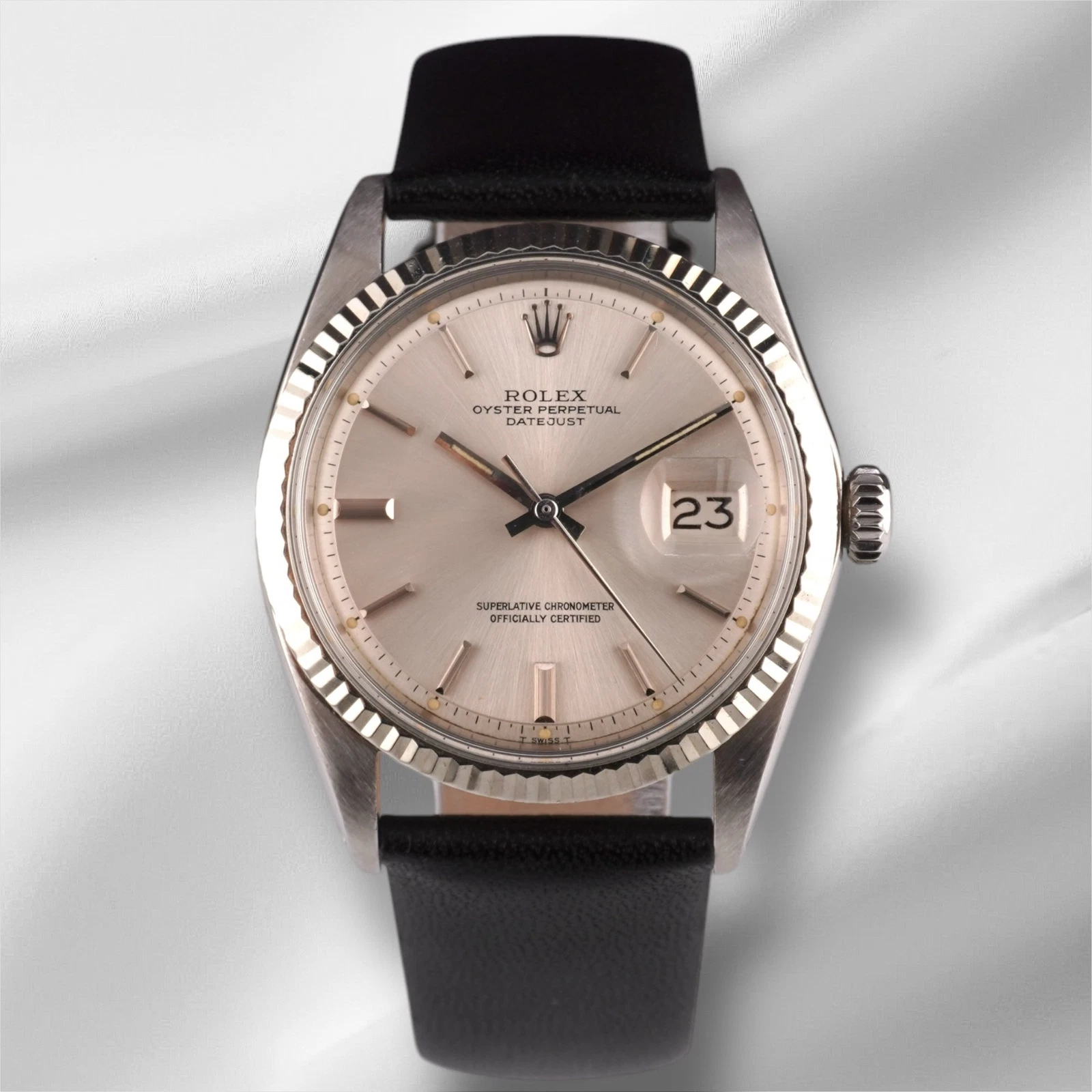 Rolex — Rolex 36mm Datejust Mens Steel Watch Fluted Leather Band Silver Dial 1601