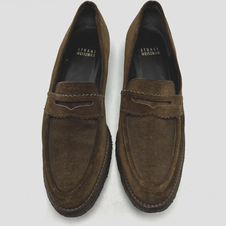 Mocasines Stuart Weitzman para mujer 6,5 N marrón gamuza cuero suela de goma oficina carrera Foto 2 de 4