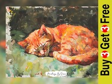 Slumbering Ginger Cat, Watercolor Painting Print 5"x7" on Matte Paper