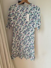 M&S X Ghost Floral Tie Sleeve Mini Tea Dress In Ivory Mix Size 12 Uk New