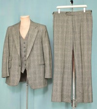 Men's VTG 70s Checkered Plaid 3 PC Cartier Leisure Suit Sz M/L 1970s Disco Wool