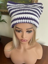 Purple and White Cat Ear Beanie Hat - Handcrafted
